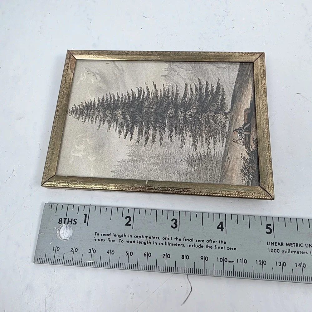 Vintage Brass‎ Embossed Frame Forest Tree Art Print Glass Front 3.75